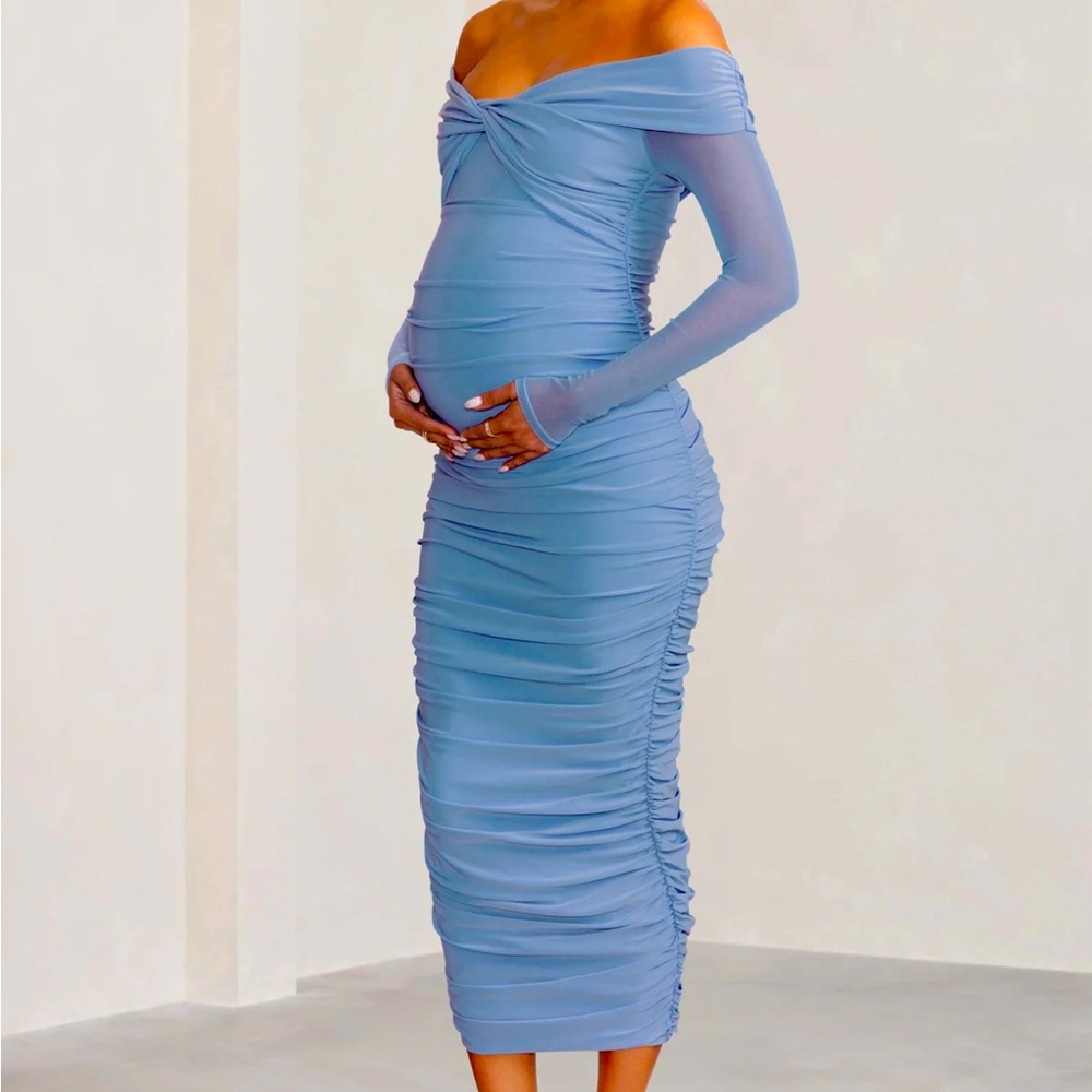 Club London Powder Blue Bardot Twist Maternity Midi Dress - Size 8